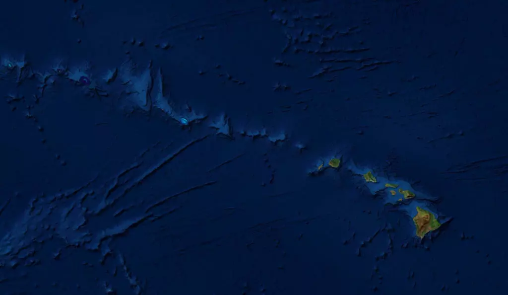 Satellite map showcasing the hot spot of Hawaii and the trail of volcanic activity. The map reveals the geological dynamics that have formed the Hawaiian islands and highlights the path of volcanic eruptions over time.