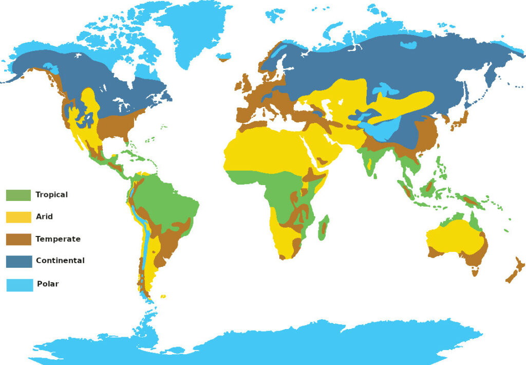 Map of the major climatic zones of the world