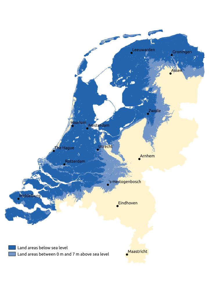 Map of the Netherlands illustrating the areas of land that lie below sea level. The blue-shaded regions indicate land situated below sea level and safeguarded by dikes and water management systems.