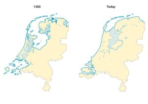 Illustration comparing two maps showing the transformation of the Netherlands' land area over time, from 1300 to the present day, highlighting significant reclamation of land from water bodies.