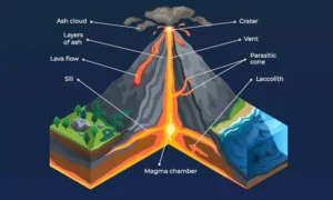 Illustration depicting the internal structure of a volcano, showcasing layers such as the magma chamber, conduit, vent, crater, and various rock formations. The diagram highlights the geological features that contribute to volcanic activity.