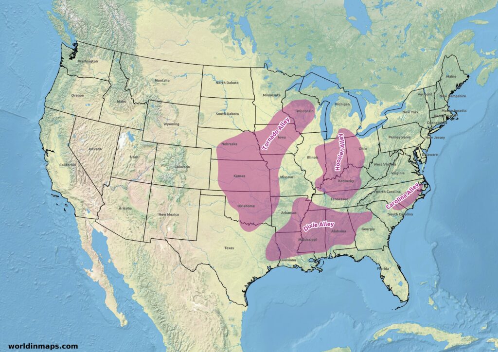 US tornado map: the Tornado Alley, the Dixie Alley, the Hoosier Alley and the Carolina Alley